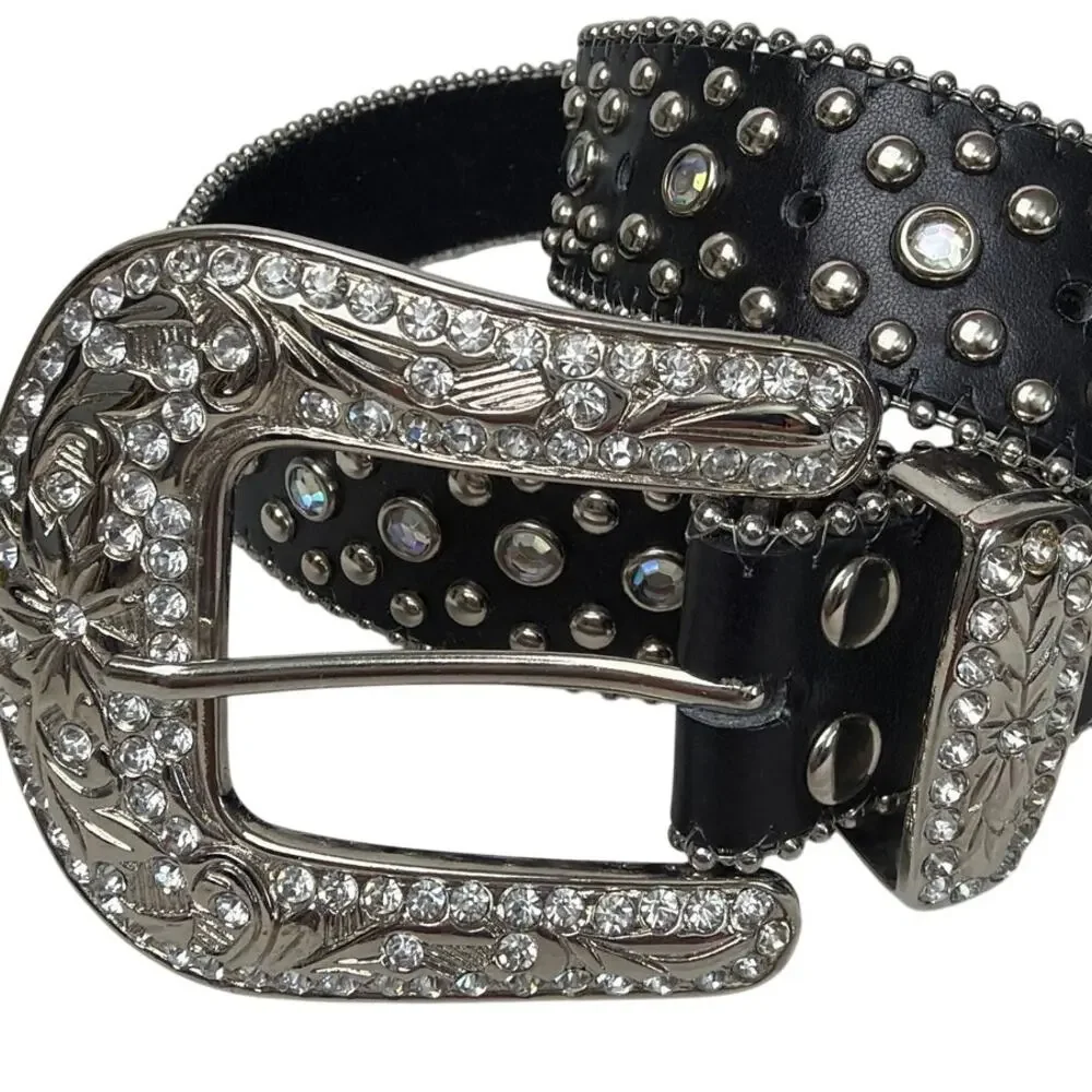 Leather Rhinestone Studded Western Belt Crystal Buckle Y2K Size S Festival Rodeo